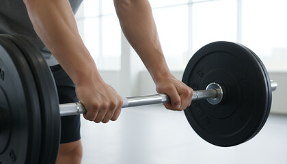 Close-up of muscular hands gripping a barbell with weight plates, focused on strength training, powerlifting, and intense gym workout.
