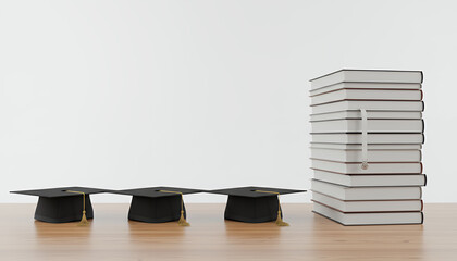 Academic Success Concept: Three Graduation Caps, Tall Stack of Books, and Medal on Wooden Desk with Copy Space