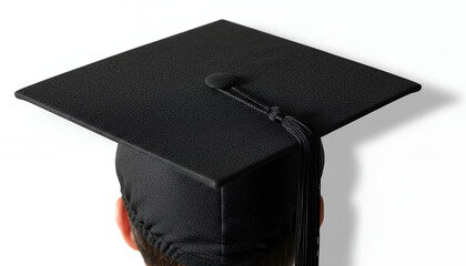 Rear View of Graduate Wearing Black Mortarboard with Tassel, Isolated on Clean White Background