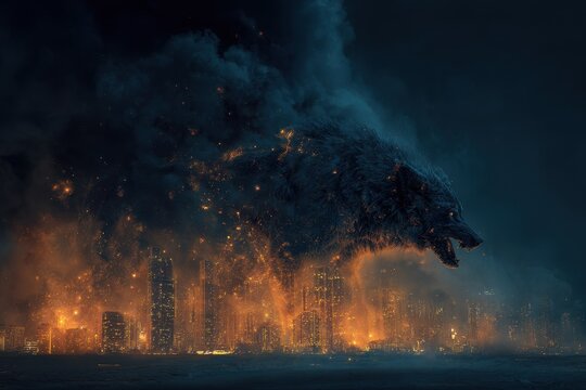 Fenrir: The Mythical Wolf Igniting Chaos in a Fiery Modern Cityscape Amidst Nighttime Destruction