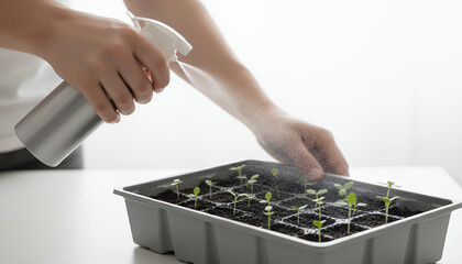 Hands Spraying Water on Young Green Seedlings in a Seed Starting Tray. Home Gardening, Plant Nurturing, and New Life Concept.