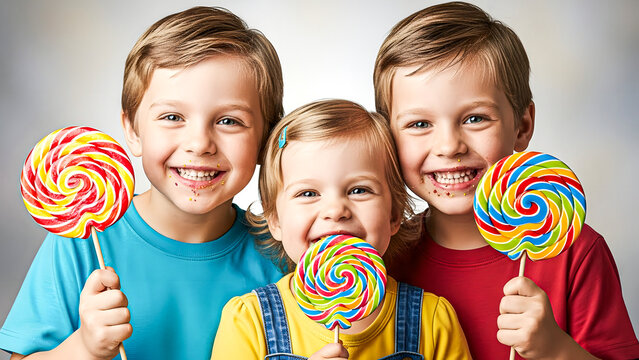 Three children happily holding colorful lollipops together in a joyful scene