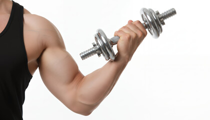 Strong Muscular Arm Lifting Chrome Dumbbell on White Background. Fitness, Bodybuilding, and Strength Training Bicep Workout.