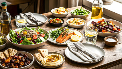 A sumptuous feast laid out on a wooden dining table by the window