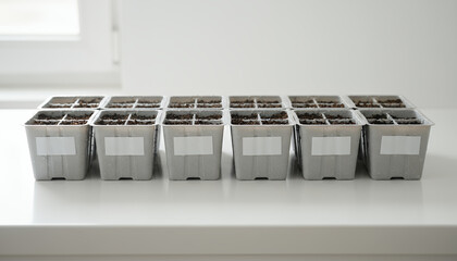 Minimalist indoor seed starting. Grey seedling trays filled with soil and blank labels on a clean white counter, ready for spring planting and gardening.