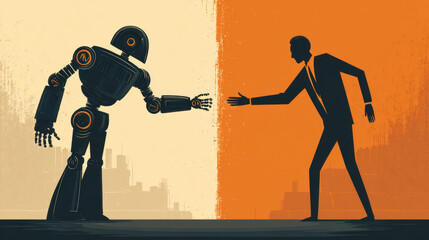 AI ethics debate concept with robot and human silhouettes facing off