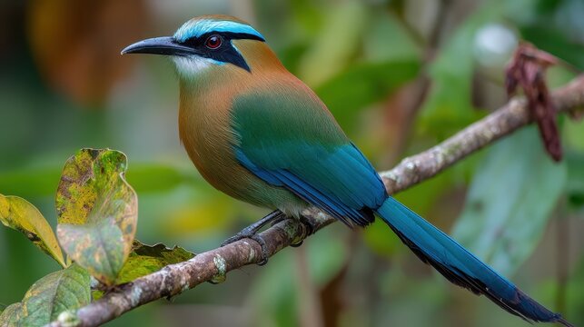 Torogoz: Vibrant Turquoise-Browed Motmot Perched on Branch, Showcasing Its Colorful Plumage in Central America's Lush Habitat