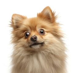 Funny fluffy dog making surprised face, portrait isolated on white