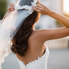 Bride Adjusting Veil from Behind &mdash; Romantic Wedding Preparation Detail