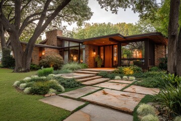 A contemporary house design features a charming stone pathway winding through a lush green garden, all set in a serene suburban neighborhood during the tranquil late afternoon hours