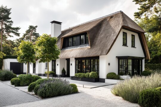 A contemporary house featuring a charming thatched roof is nestled in a lush, forested area, beautifully encircled by vibrant green plants and a winding gravel pathway, all under a moody, overcast sky