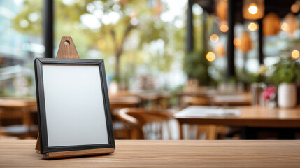 The empty mockup menu on the table in the restaurant with blurred background with copyspace