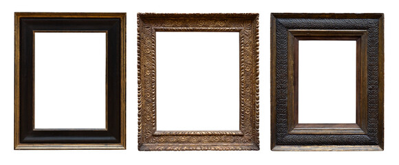 Collection of old wooden frames with canvas isolated on a white background. Artistic  frames design element on the theme of art, creativity, painting, photography. Ancient rustic wood frame.