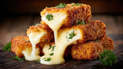 Crispy fried mozzarella sticks stacked with cheese melting out, appetizing warm mood