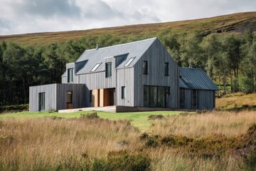 Obraz premium A contemporary house sits prominently in an expansive open field, beautifully framed by lush trees and bathed in the light of a clear blue sky, all within a serene rural setting