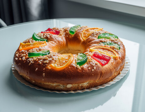 Rosc&oacute;n de Reyes relleno de nata con frutas confitadas, postre tradicional