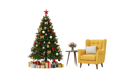 Cozy christmas corner with decorated tree and yellow chair