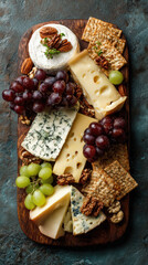 Top view of a French cheese platter with grapes, nuts, and crackers on a wooden board, rustic style, vertical food photo