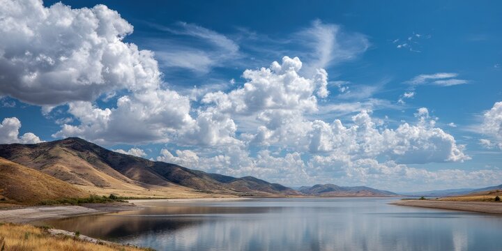 Scenic Reservoir at Settlement Canyon in Tooele Utah with Blue Waters, Puffy White Clouds, and Majestic Mountains in the Background