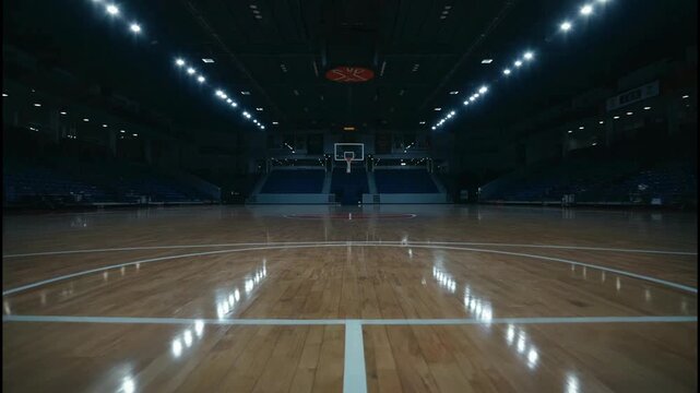 Indoor basketball court perspective with bright lights and empty seats, ready for a game