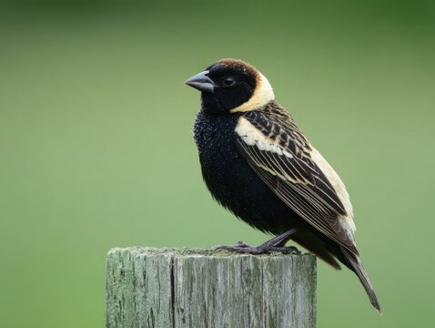 Bobolink Perched on Fence Post Against a Lush Green Backdrop - A Vibrant Spring Songbird in Flight