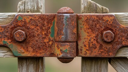 close-up of an old rusty metal hinge on a wooden farm gate for historical blogs, antique websites, rural life presentations, and carpentry repair guides, on blurred background