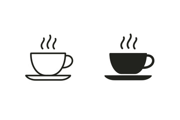 Obraz premium Hot beverage icons: a steaming cup of coffee or tea in outline and solid fill