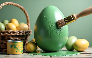 Large green egg being painted with a professional brush sits near a wicker basket of colorful eggs and a paint can, creative home renovation or festive Easter DIY decorating project. High quality
