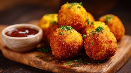 Golden Fried Macaroni Bites with Mozzarella, Served on a Rustic Wooden Surface with Dipping Sauce