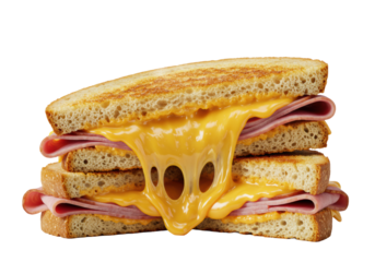 Macro close-up of a diagonal-cut ham and cheese sandwich on toasted sourdough. Melted, sharp orange cheddar oozing out with subtle steam, rim lighting on crust, isolated on white. Concept for comfort