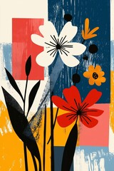 Abstract floral illustration with bold geometric blocks and textured brush strokes - modern decorative art, creative contrast and expressive interior design.