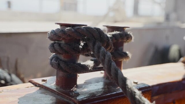 Mooring bitt also known as a twin-post bollard used on ships for docking. Metal post secured to wooden deck and has a thick dark mooring line or rope wrapped around it. Weathered rusty bollard