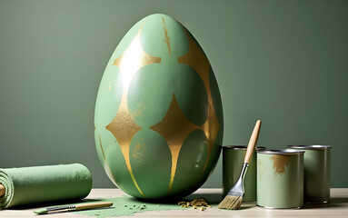 Large mint green egg decorated with golden geometric star patterns stands by paint cans and brushes on a workspace, creative home renovation and festive interior DIY project for Easter holiday. High