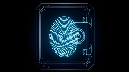 Glowing blue fingerprint on a futuristic safe with electronic circuit lines on a dark background, symbolizing secure biometric authentication and advanced technology