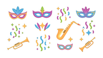 Colorful carnival masks and musical instrument and party decorations.