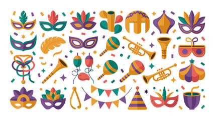 Obraz premium Festive masks and instruments, a vibrant collection of carnival elements.