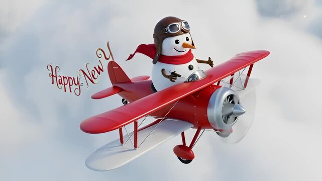 A snowman piloting a red biplane through clouds and snowflakes, delivering a New Year message.