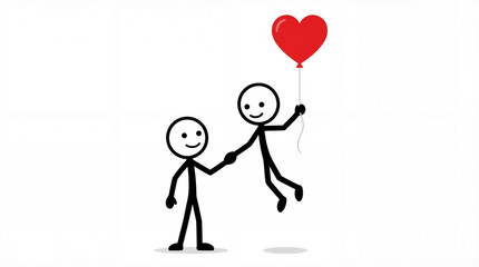 Romantic drawing of a couple being pulled by a heart-shaped balloon