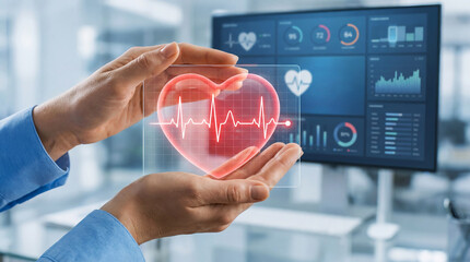 Digital holografico heartbeat graphic with heart. Medicine and love concept