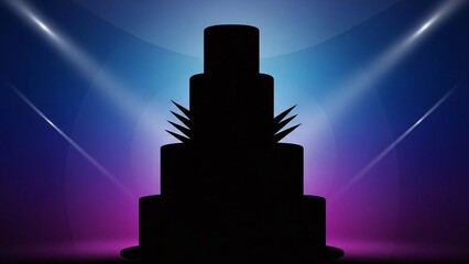 silhouette of a tiered cake for event planning websites, bakery promotion blogs, party celebration clipart, luxury wedding design and catering presentations on neon bokeh background