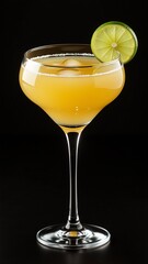 close cocktail glass filled yellow colored drink glass tall slender wide base narrow neck drink appears margarita similar type cocktail slice lime rim glass which placed right side rim background