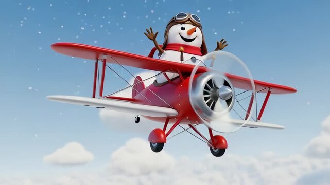 Snowman pilot flying a red biplane through snowy clouds. Winter holiday travel and christmas season. Adventure concept.
