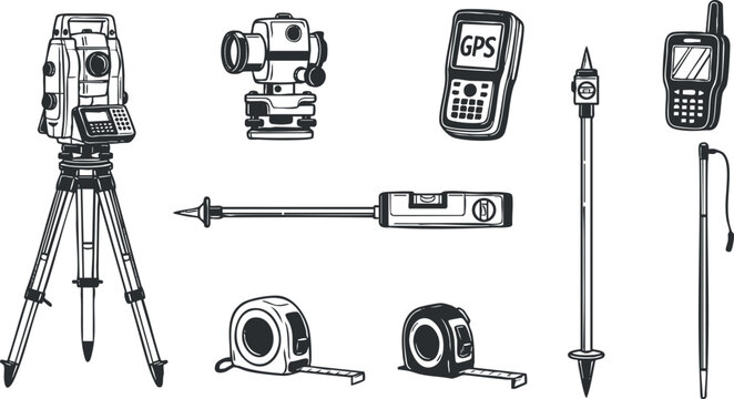 Detailed vector illustration set of surveying equipment including GPS, total station, and measuring tools for engineering projects