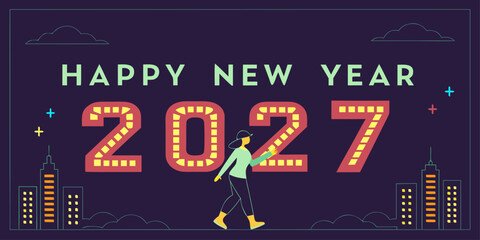 Fototapeta premium HAPPY NEW YEAR 2027 – Illuminated Greeting Card with Marquee Numbers, Cityscape & Walking Figure, US