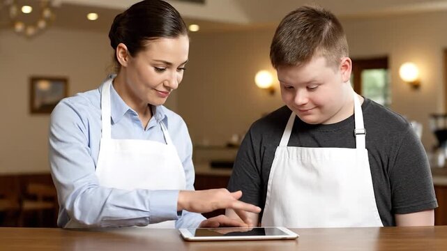 A woman in a blue shirt and a young man in a dark shirt looking at a tablet together, both wearing aprons