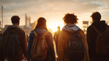 Fototapeta premium Group of friends traveling at sunset from behind