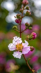 Obraz premium Close-up of delicate light purple flower with yellow center, surrounded by buds on a brown stem, bokeh background