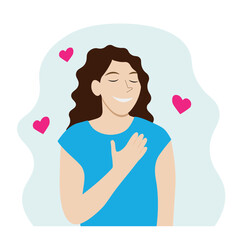 Portrait of a happy joyful girl putting her hand on her heart, flat vector illustration isolated on white background, gratitude