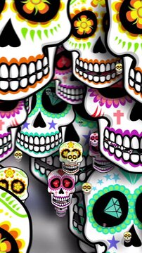 Seamless cartoon background with Mexican sugar skulls. Halloween vector style vertical video with skeleton illustration 