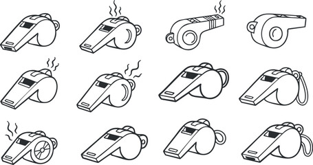 Outline vector illustration of various whistle designs ideal for sports, coaching, or signaling activities